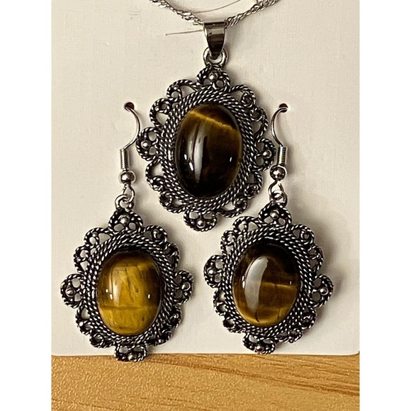 Canyon Sky Tigers Eye Necklace and Earrings Set Silver Tone Filigree - Picture 4 of 4